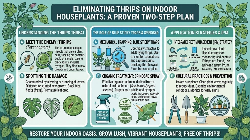 How to get rid of thrips on indoor houseplants using blue sticky traps and organic spinosad spray.