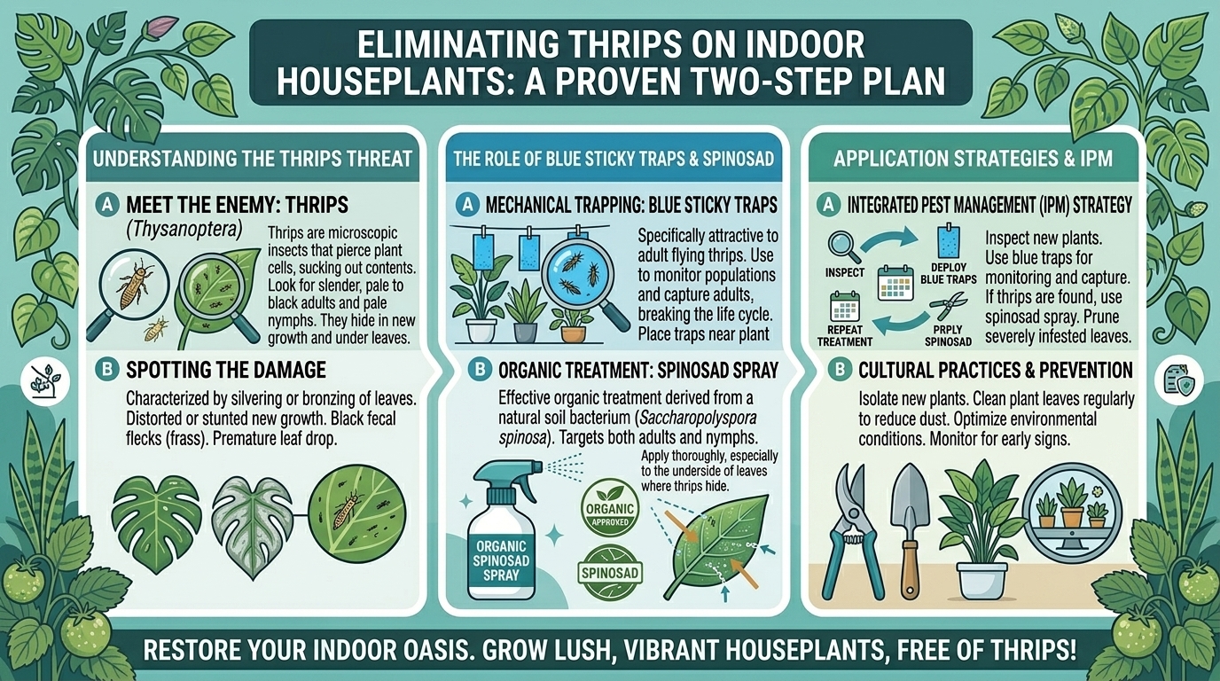 How to get rid of thrips on indoor houseplants using blue sticky traps and organic spinosad spray.