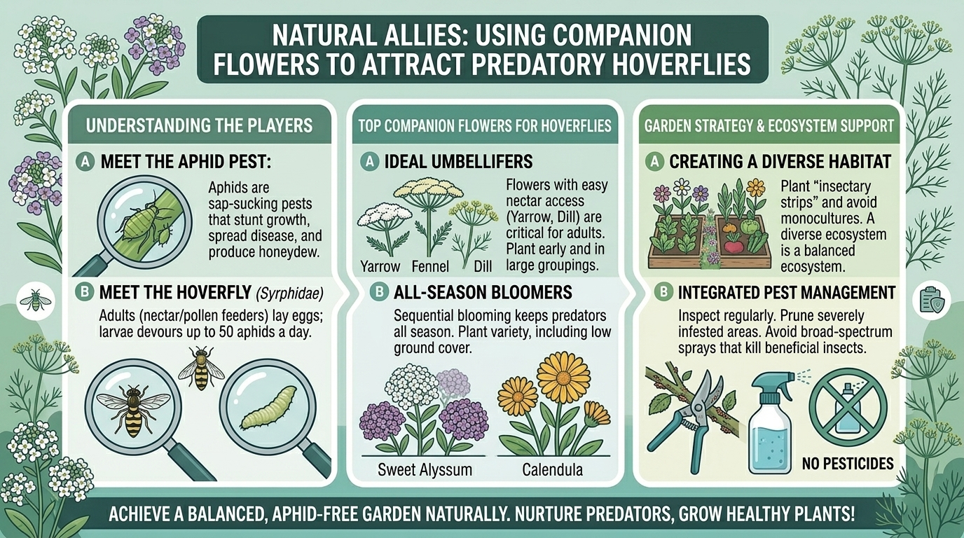 What are the best natural companion flowers to attract predatory hoverflies to your aphid-infested garden?