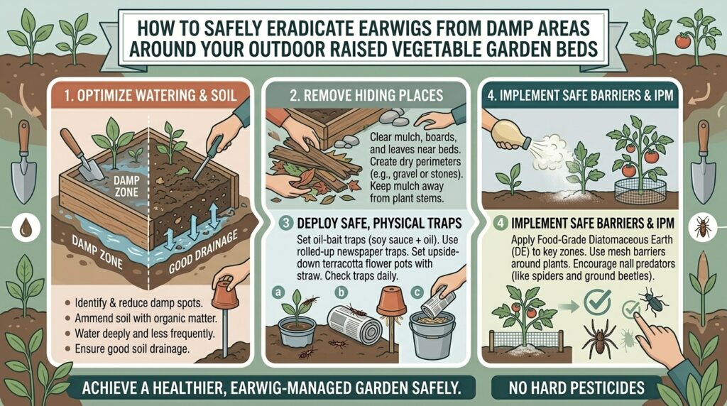 How to safely eradicate earwigs from damp areas around your outdoor raised vegetable garden beds.