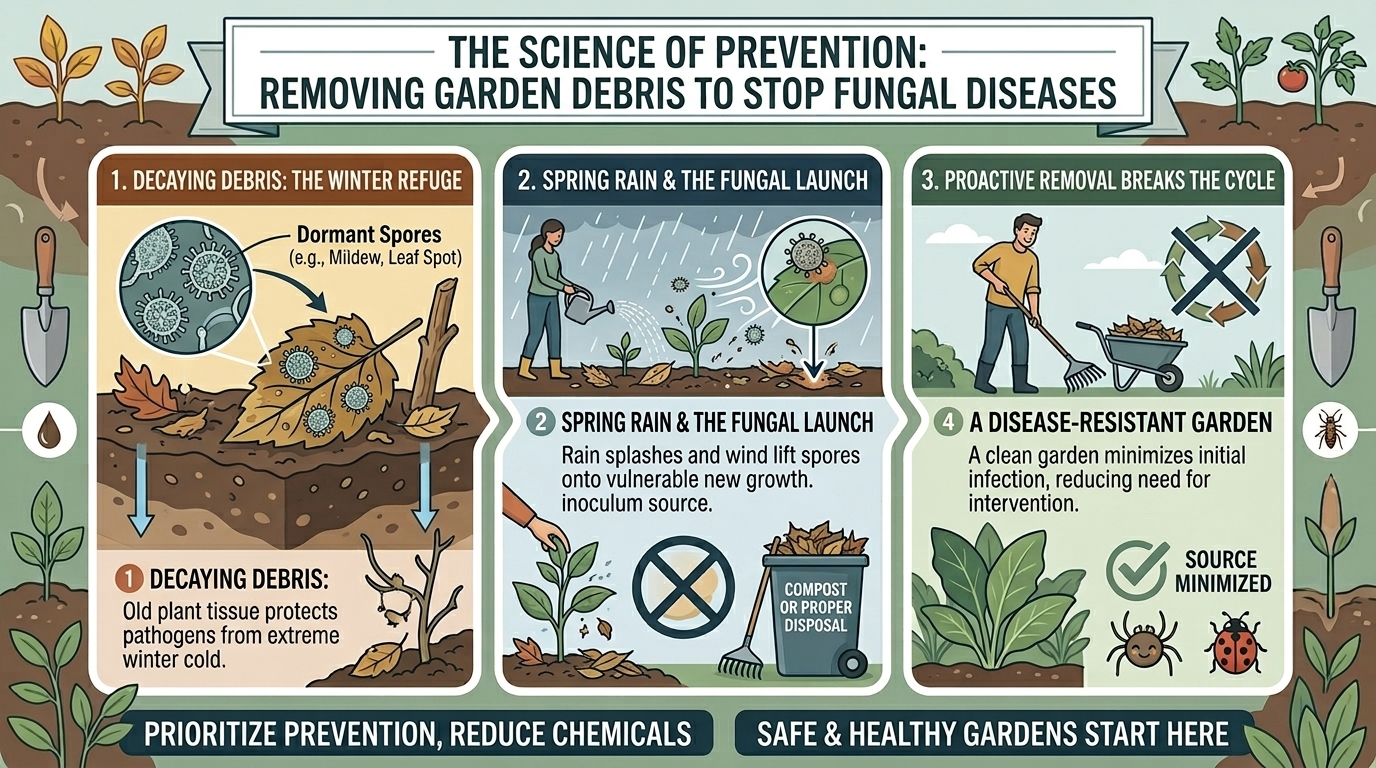 Why removing dead and decaying plant debris prevents overwintering fungal spores in your garden.