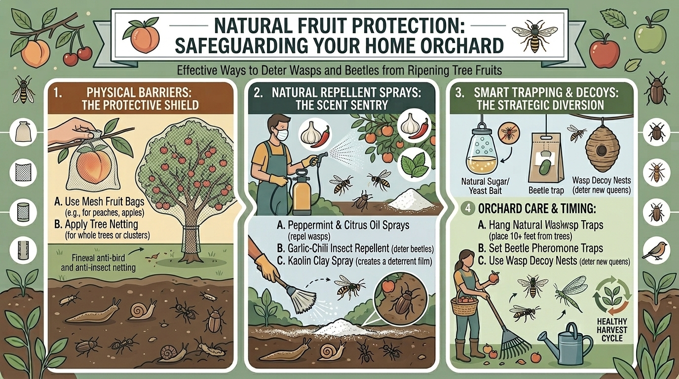 What are the best natural ways to protect ripening tree fruits from wasps and hungry beetles?