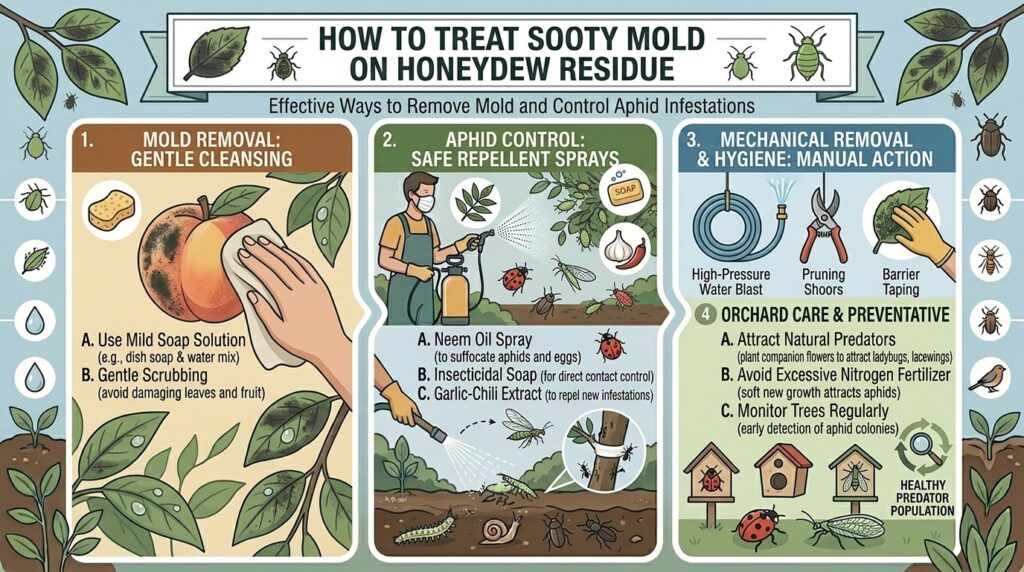 How to treat sooty mold growing on the sticky honeydew residue left behind by plant aphids.