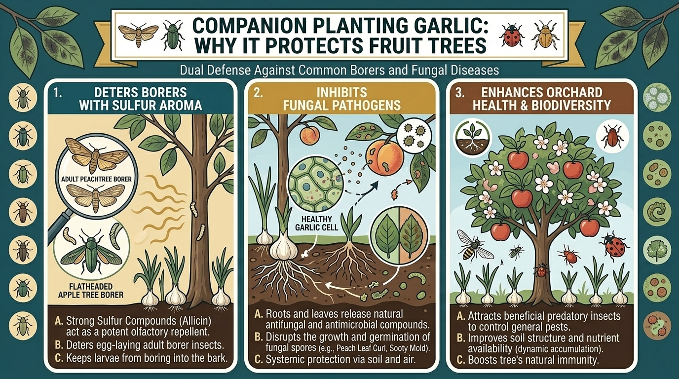 Why companion planting garlic near fruit trees protects them against common borers and fungal infections.