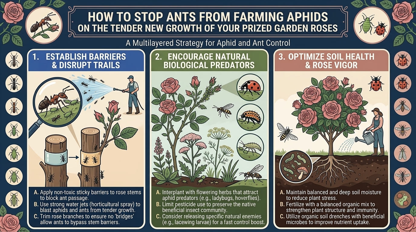 How to stop ants from farming aphids on the tender new growth of your prized garden roses.