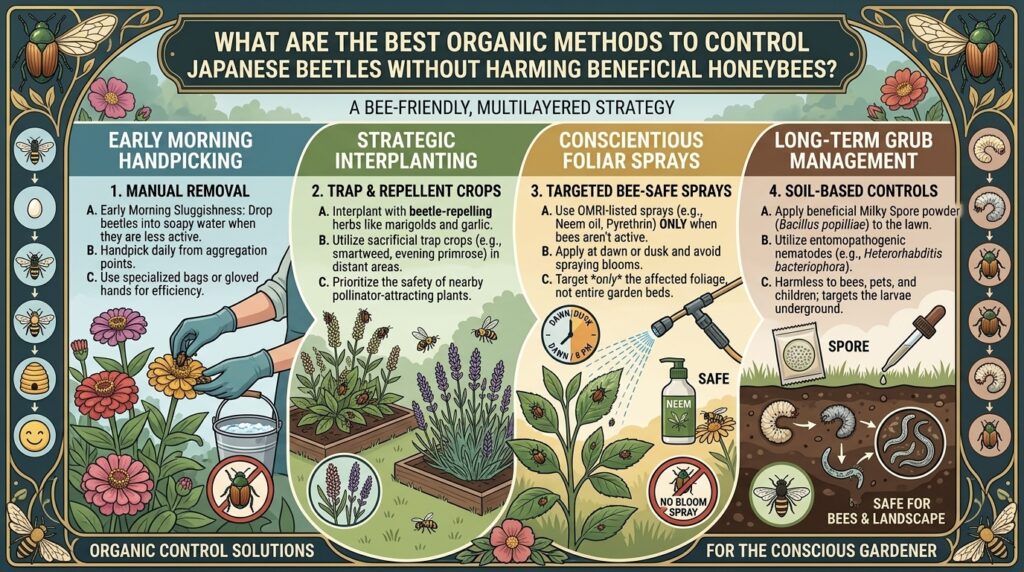 What are the best organic methods to control Japanese beetles without harming beneficial honeybees?