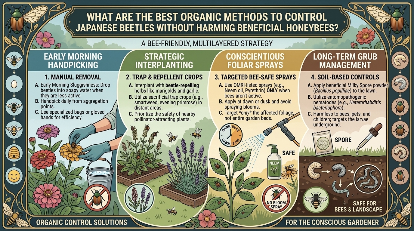 What are the best organic methods to control Japanese beetles without harming beneficial honeybees?