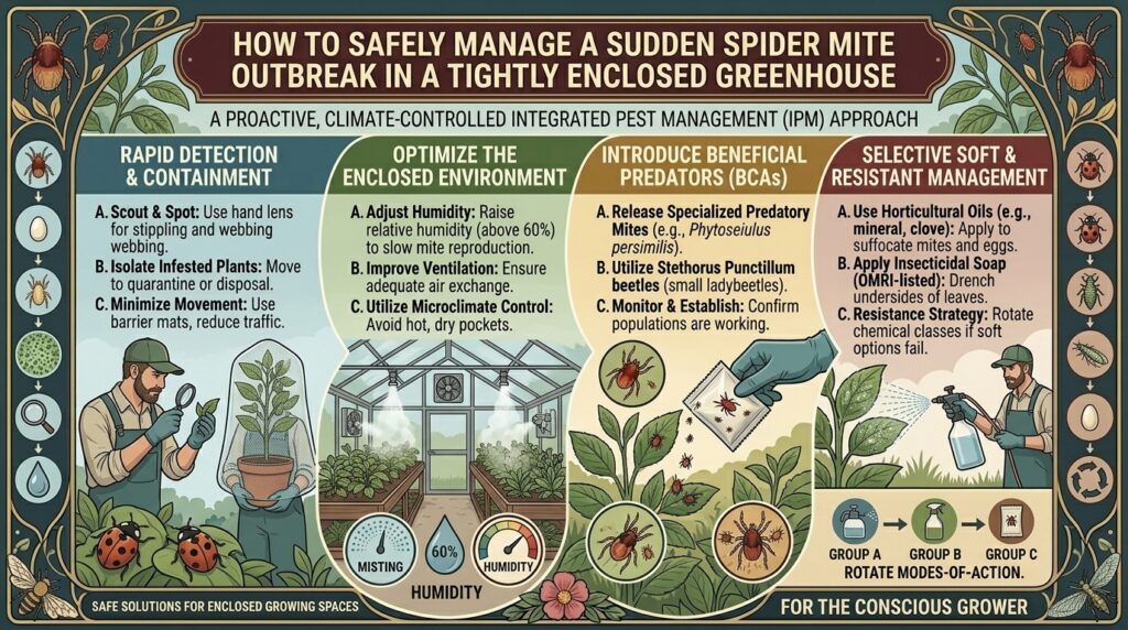 How to safely manage a sudden outbreak of spider mites in a tightly enclosed greenhouse structure.