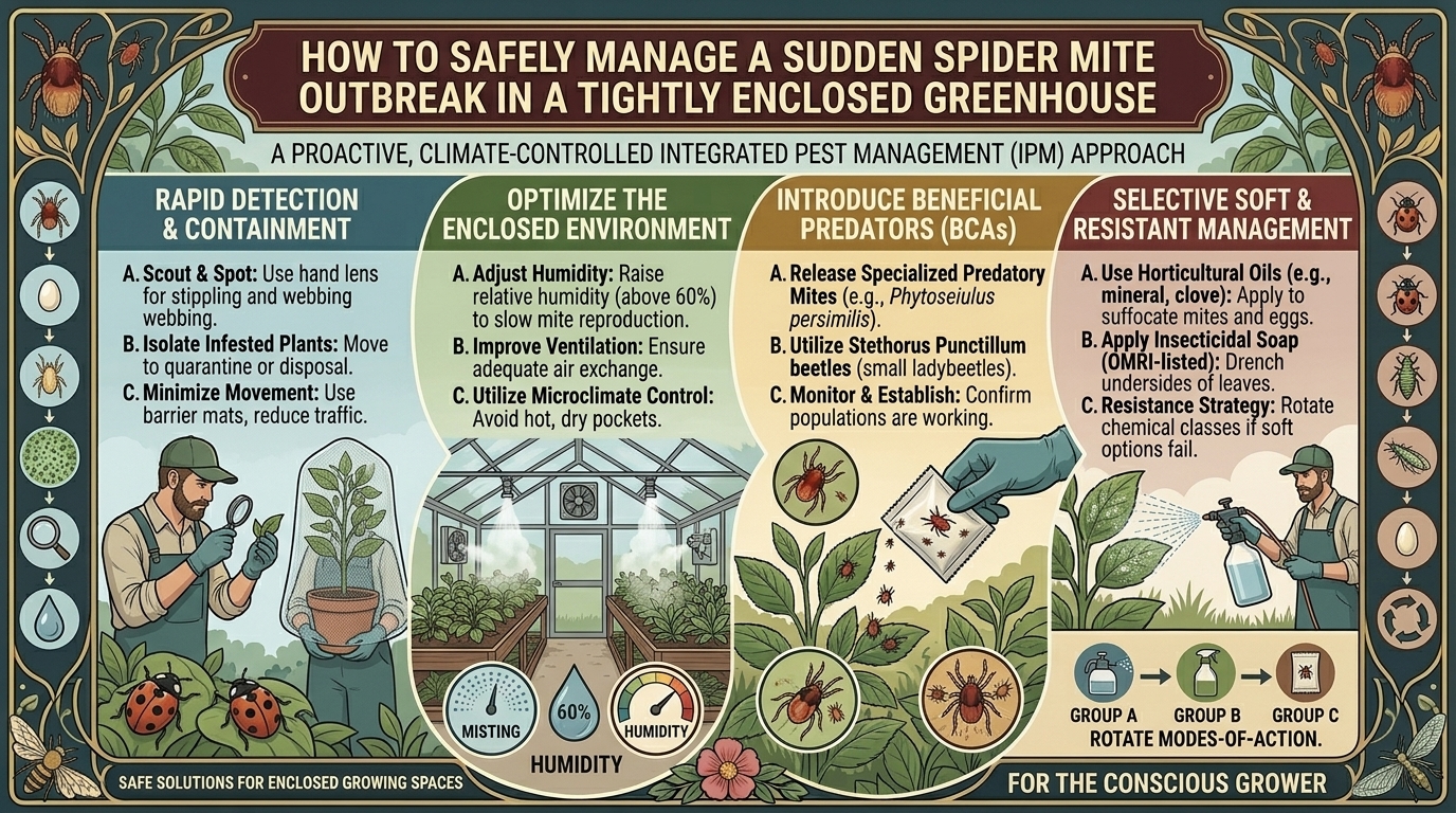 How to safely manage a sudden outbreak of spider mites in a tightly enclosed greenhouse structure.