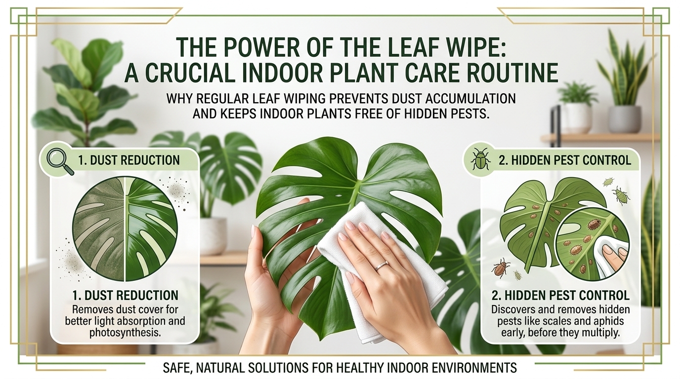 Why regular leaf wiping prevents dust accumulation and keeps indoor plants free of hidden pests.