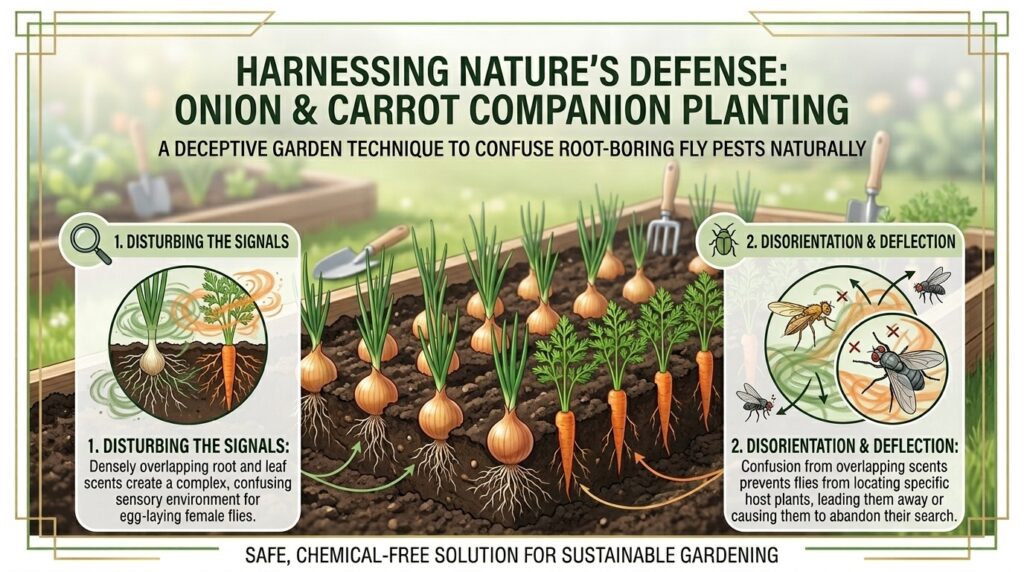 How to use companion planting onions and carrots together to confuse root-boring fly pests naturally.