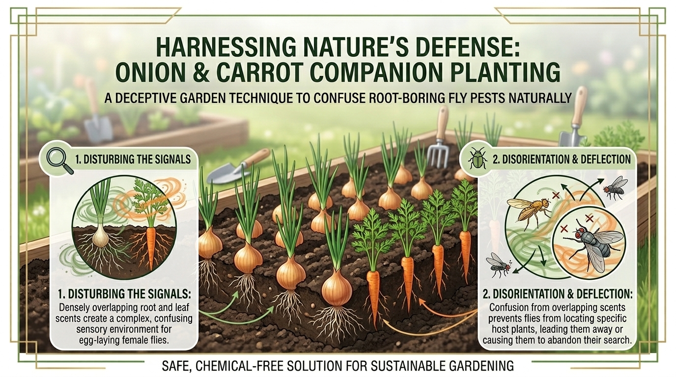 How to use companion planting onions and carrots together to confuse root-boring fly pests naturally.