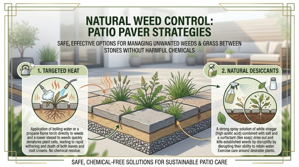 What are the best natural options for controlling weeds and grass growing between patio paving stones?