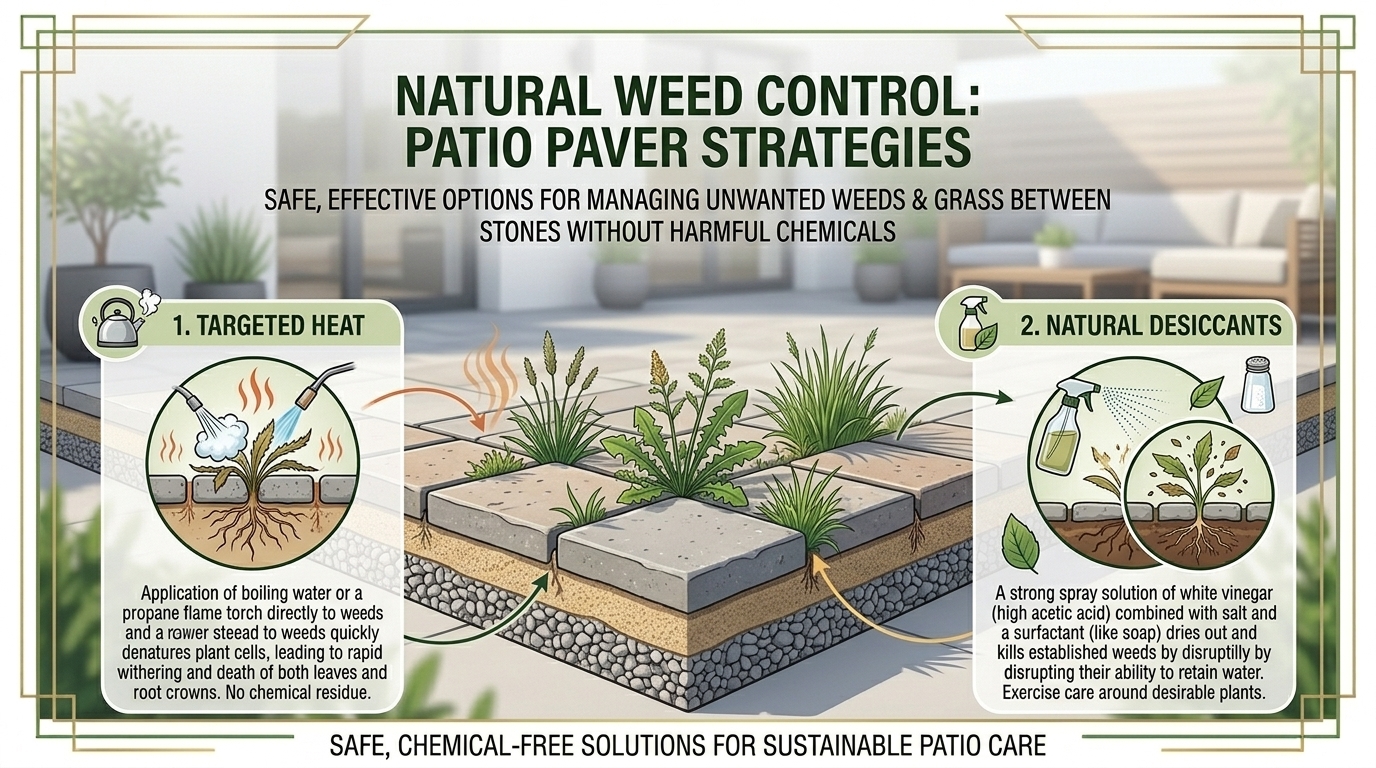 What are the best natural options for controlling weeds and grass growing between patio paving stones?