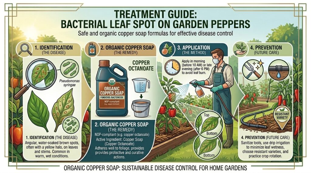How to treat bacterial leaf spot disease on garden peppers using organic copper soap formulas.