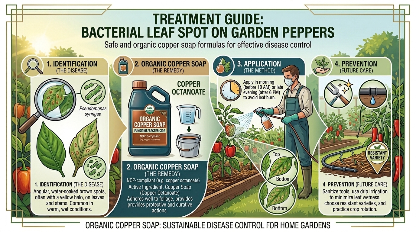 How to treat bacterial leaf spot disease on garden peppers using organic copper soap formulas.