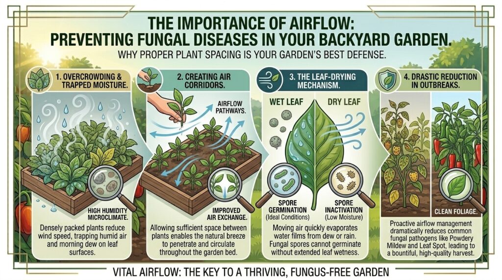 Why maintaining proper airflow between backyard garden plants drastically reduces fungal disease outbreaks.