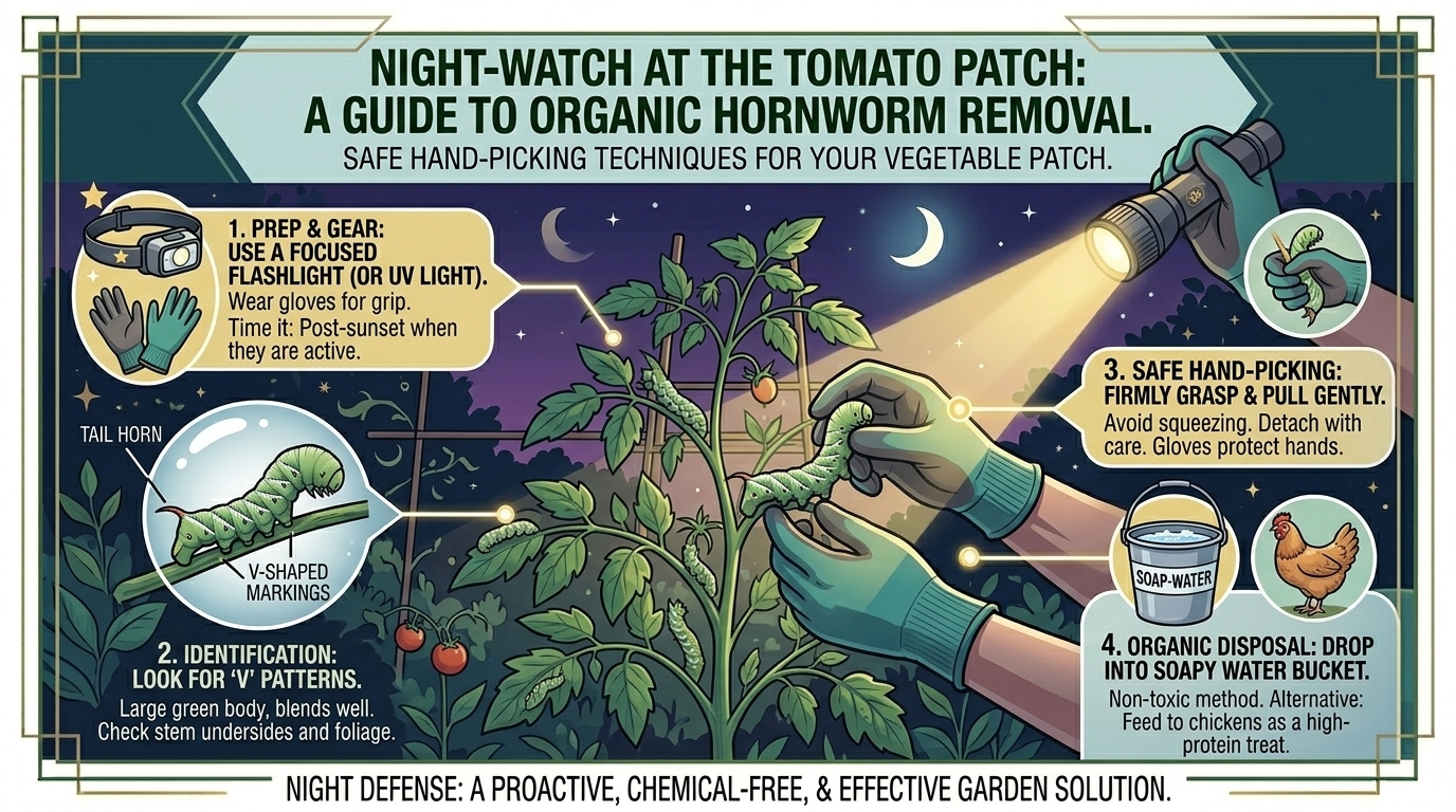 How to safely hand-pick and remove tomato hornworms from your organic vegetable patch at night.
