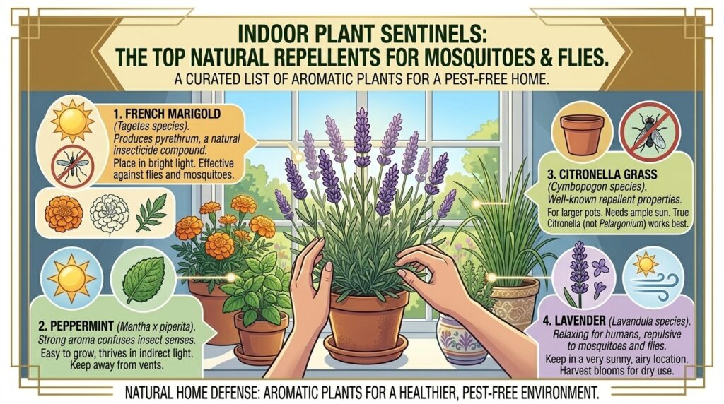 What are the top natural plants you can grow indoors to repel mosquitoes and house flies.
