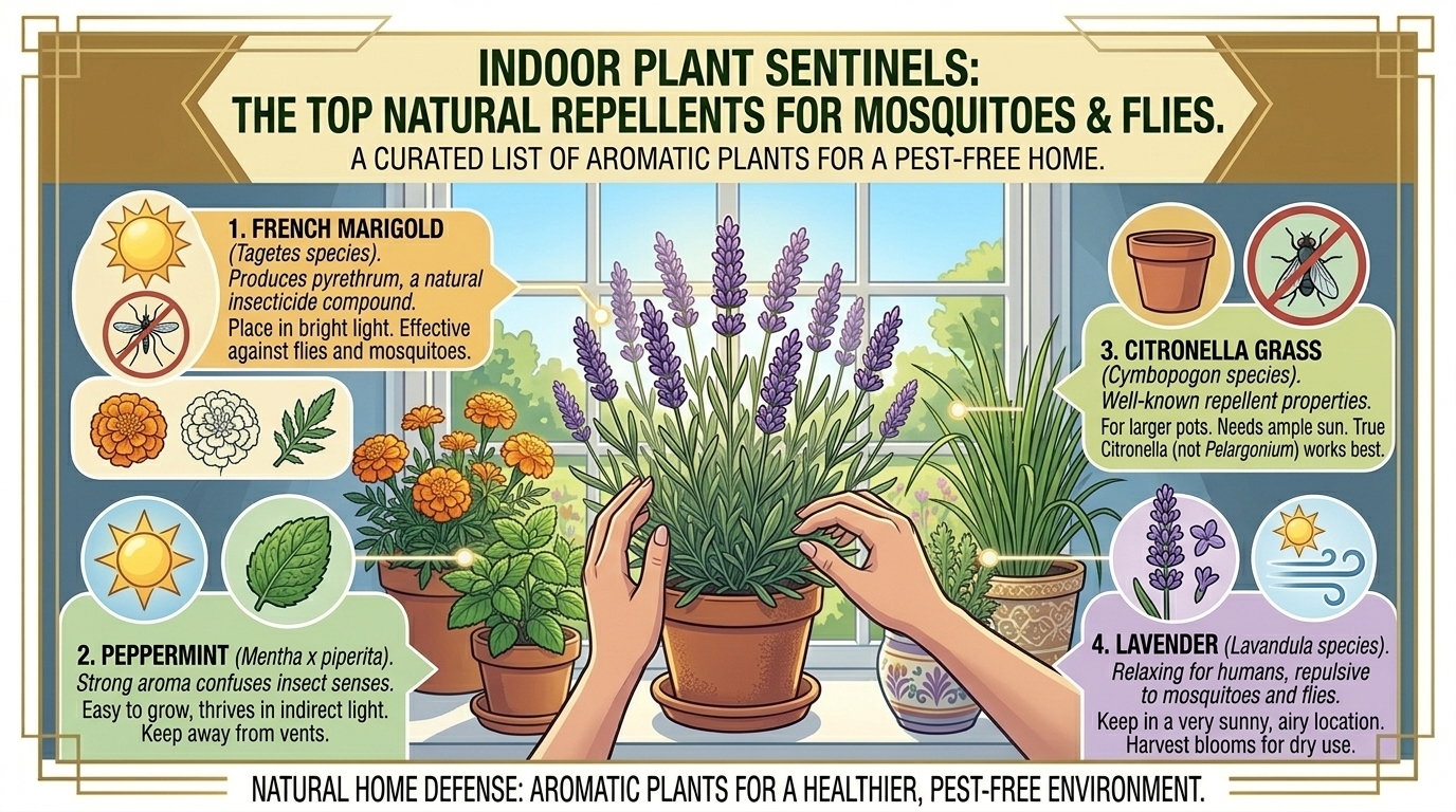 What are the top natural plants you can grow indoors to repel mosquitoes and house flies.