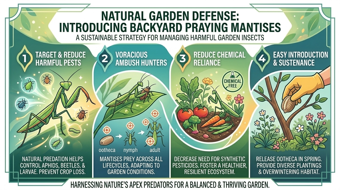 Why introducing backyard praying mantises helps manage high populations of harmful garden insects.