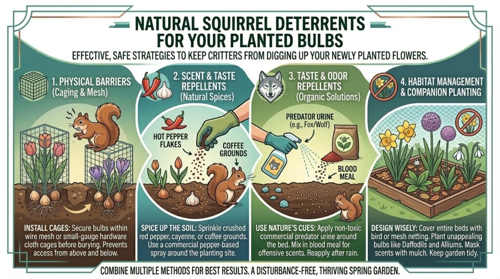 What are the best natural deterrents to keep squirrels from digging up your newly planted bulbs.