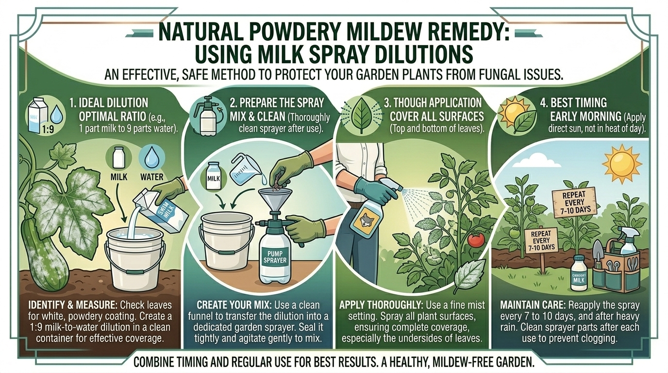 How to use milk spray dilutions as an effective natural remedy for garden powdery mildew issues.