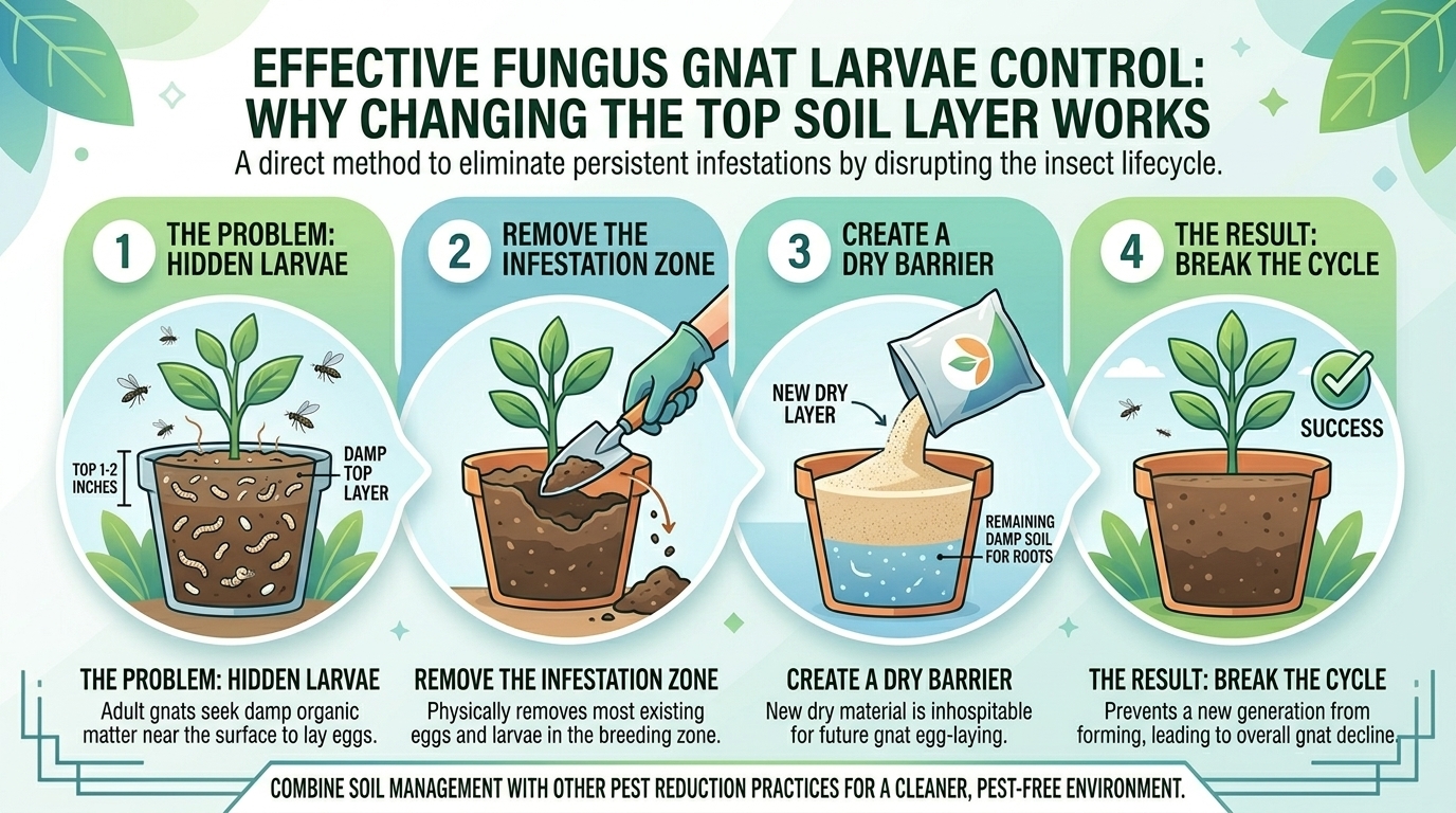 Why changing the top layer of potting soil helps eliminate persistent fungus gnat larvae infestations.