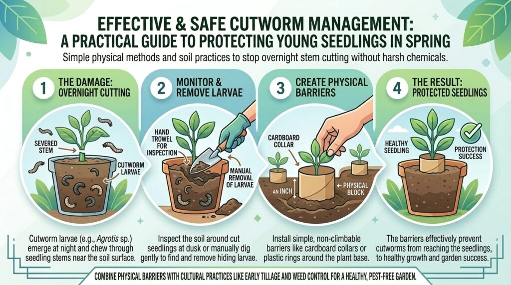 How to safely manage cutworm populations that cut down young seedling stems overnight in spring.