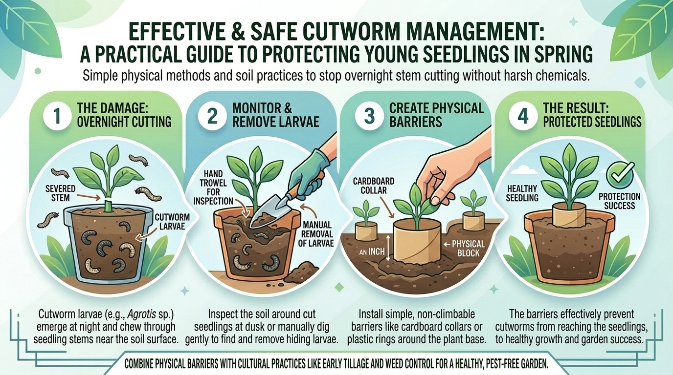 How to safely manage cutworm populations that cut down young seedling stems overnight in spring.