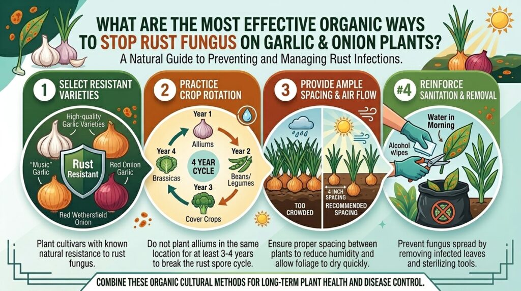 What are the most effective organic ways to stop rust fungus on garlic and onion plants.