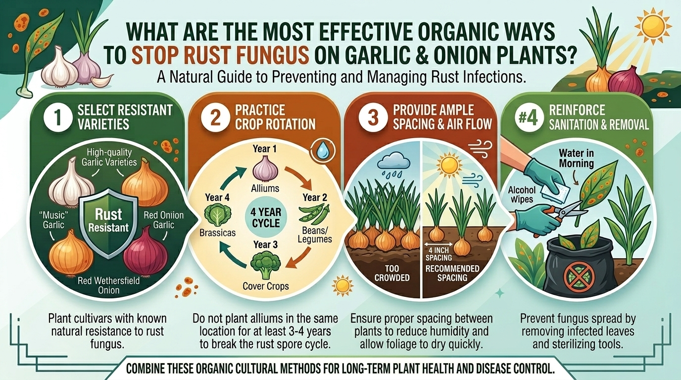 What are the most effective organic ways to stop rust fungus on garlic and onion plants.