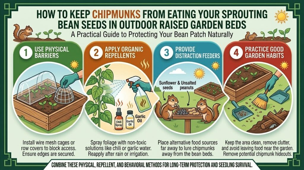How to keep chipmunks from eating your sprouting bean seeds in outdoor raised garden beds.