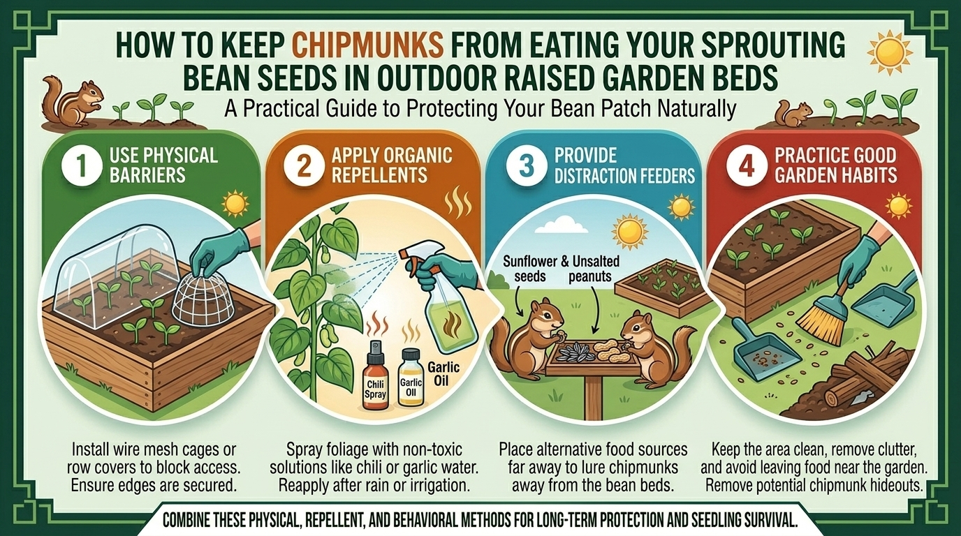 How to keep chipmunks from eating your sprouting bean seeds in outdoor raised garden beds.