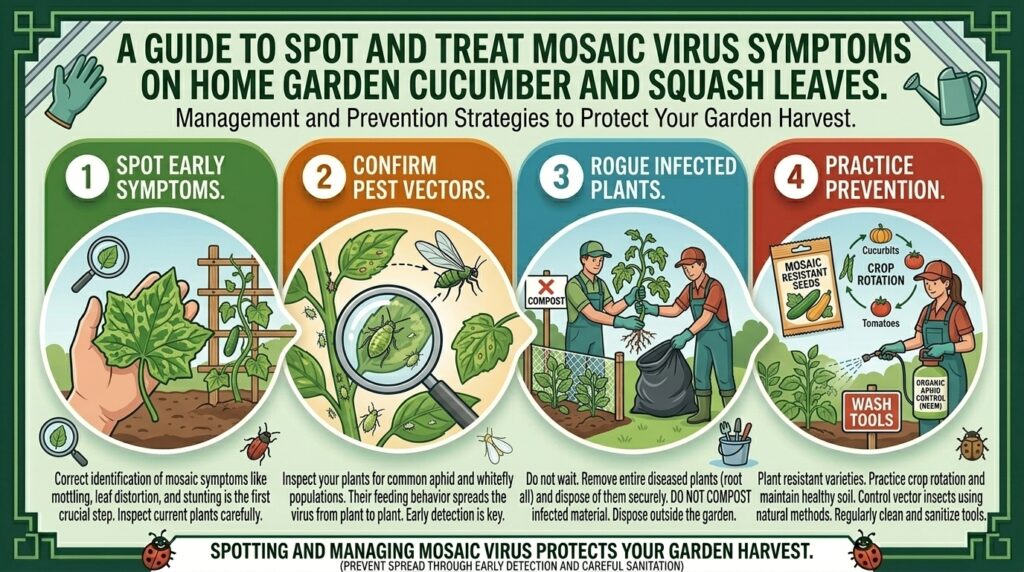 How to spot and treat mosaic virus symptoms on home garden cucumber and squash leaves.