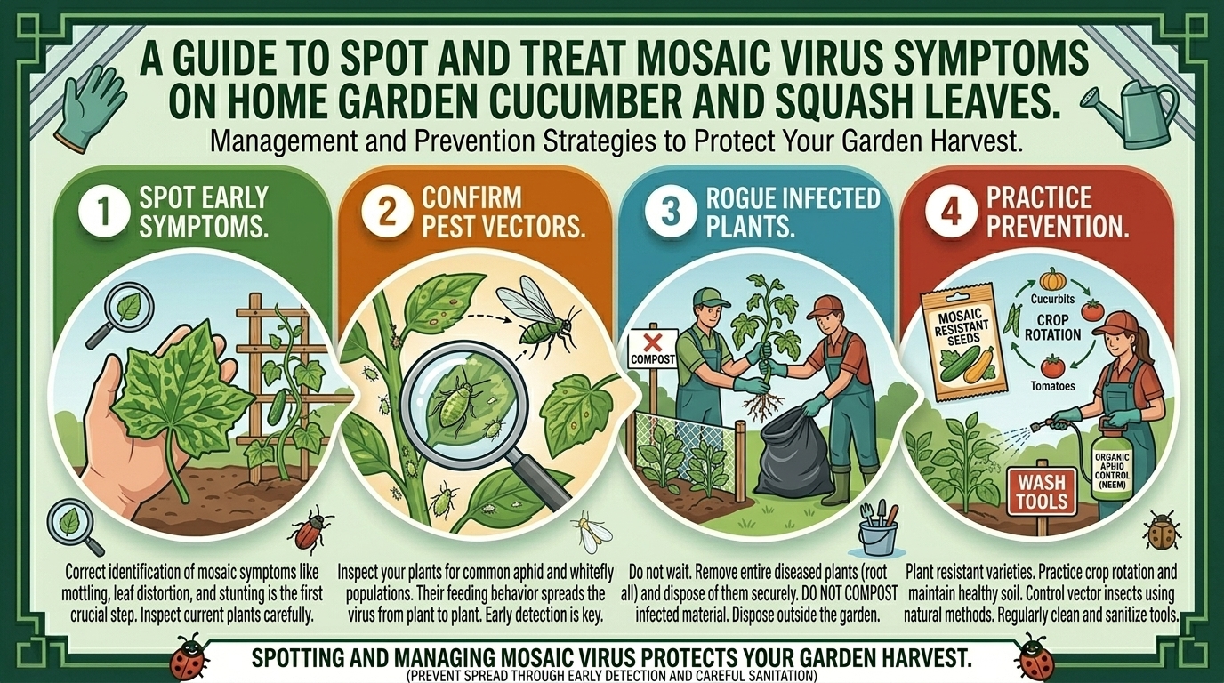 How to spot and treat mosaic virus symptoms on home garden cucumber and squash leaves.