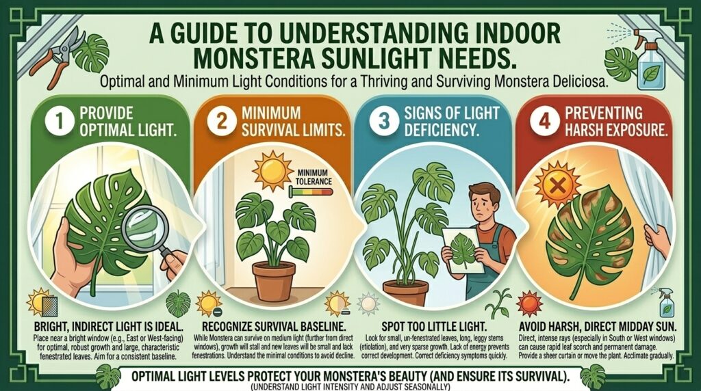 How much daily sunlight do natural indoor potted monstera plants actually need to survive indoors?