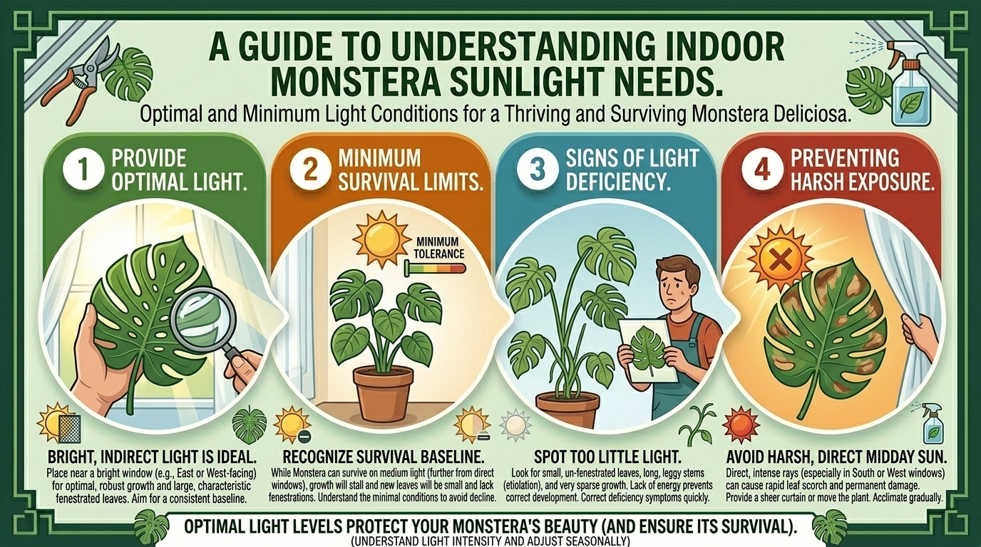 How much daily sunlight do natural indoor potted monstera plants actually need to survive indoors?