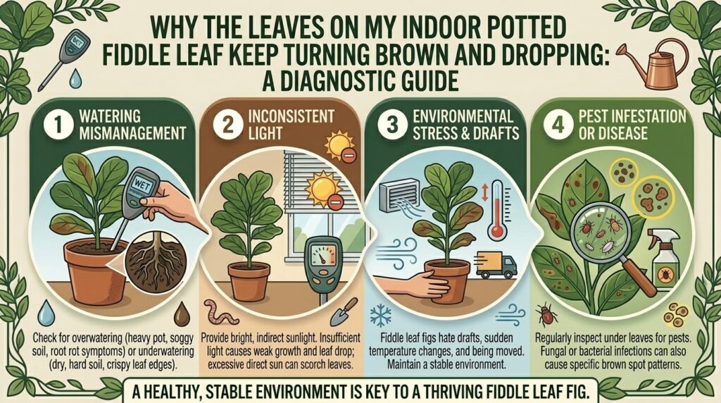 Why the leaves on my indoor potted fiddle leaf fig tree keep turning brown and dropping.