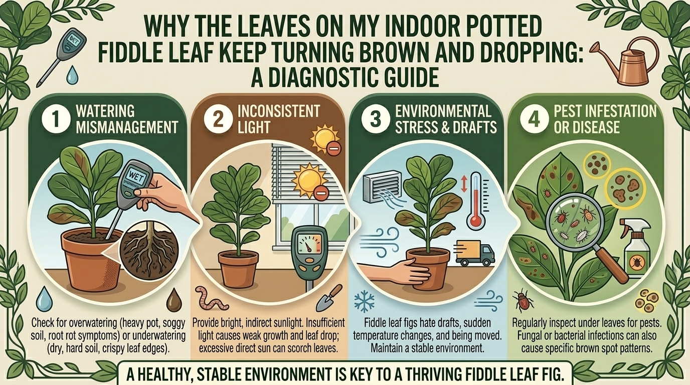 Why the leaves on my indoor potted fiddle leaf fig tree keep turning brown and dropping.