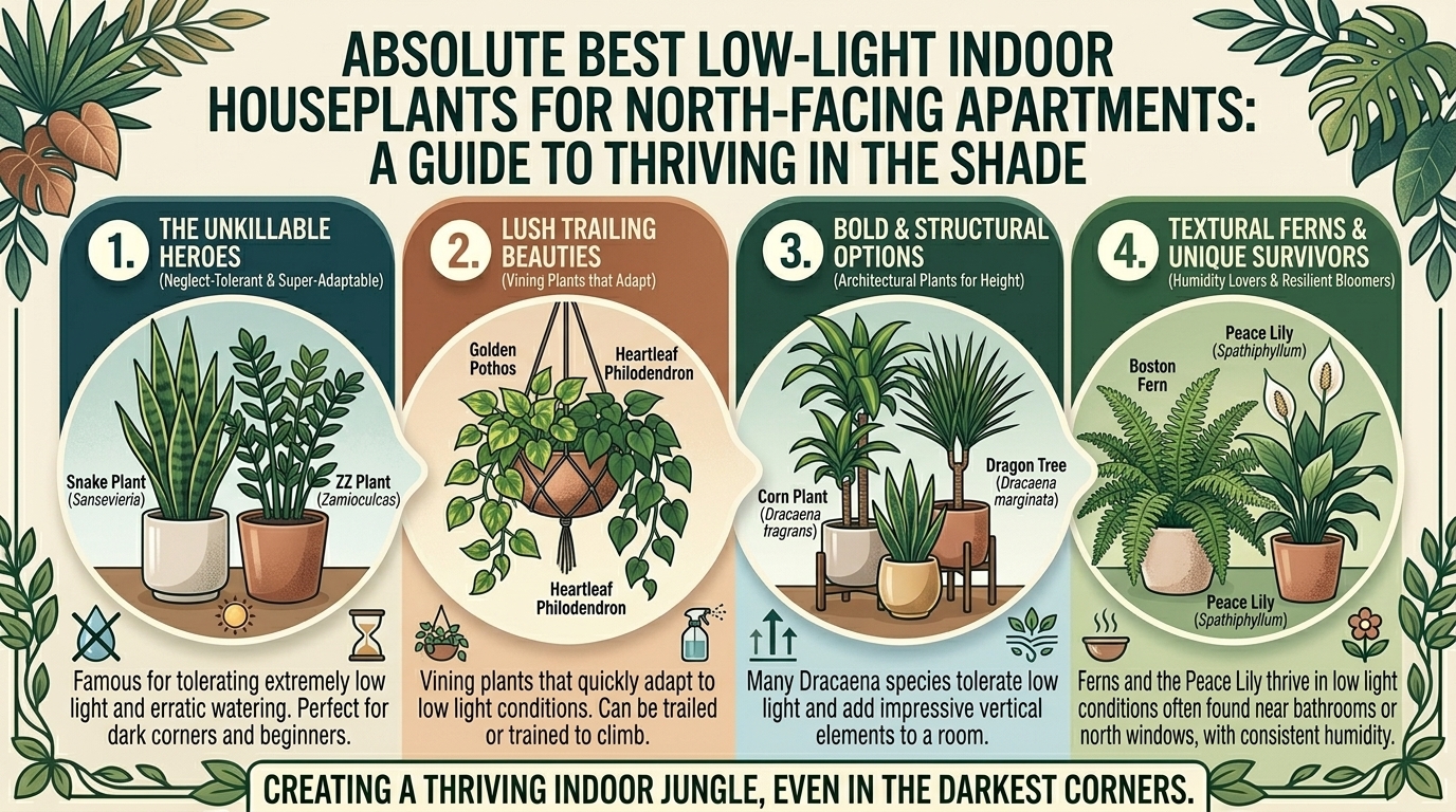 What are the absolute best low-light indoor houseplants that thrive in dark north-facing apartments?