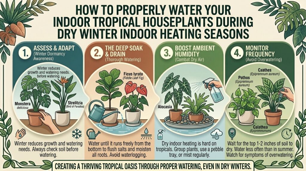 How to properly water your indoor tropical houseplants during dry winter indoor heating seasons.