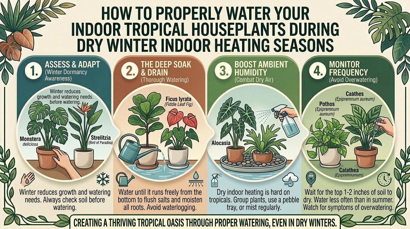 How to properly water your indoor tropical houseplants during dry winter indoor heating seasons.