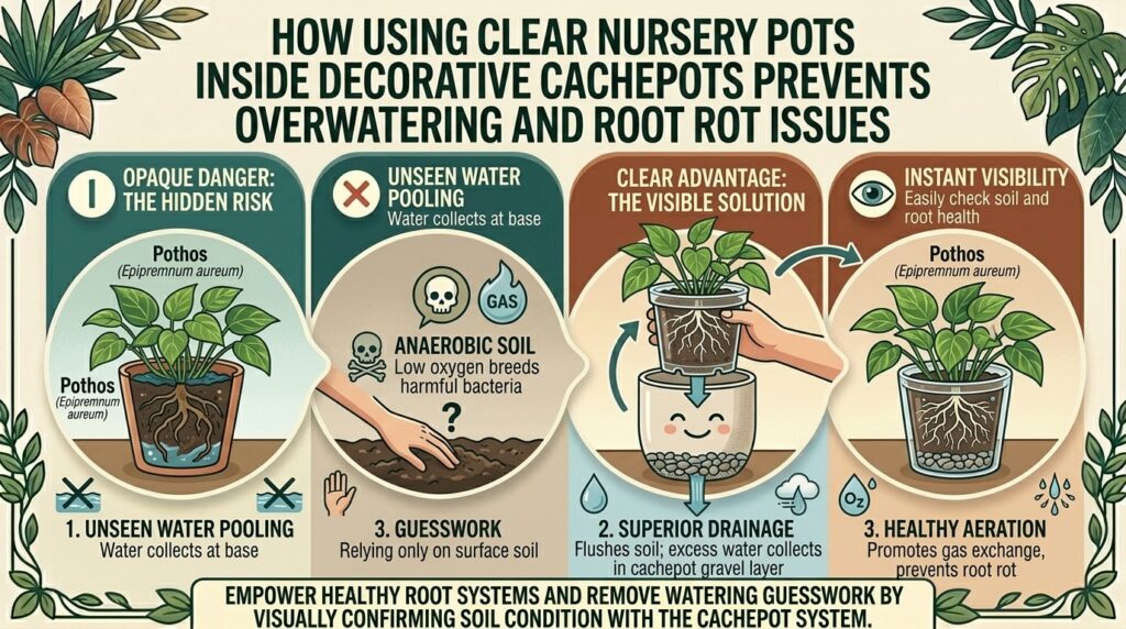Why using clear nursery pots inside decorative cachepots prevents overwatering and root rot issues.