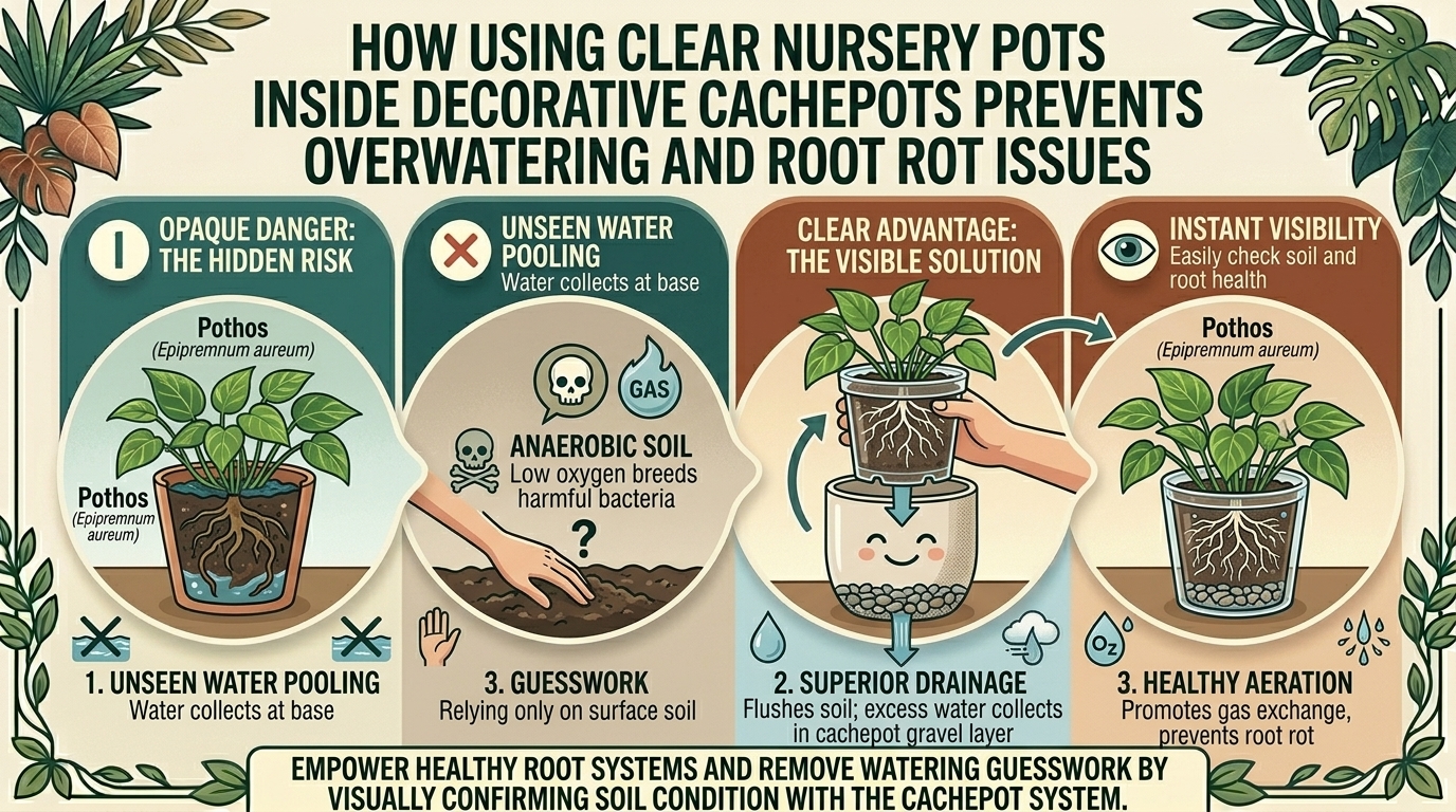 Why using clear nursery pots inside decorative cachepots prevents overwatering and root rot issues.