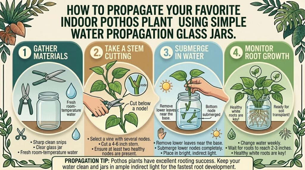 How to propagate your favorite indoor pothos plant using simple water propagation glass jars.