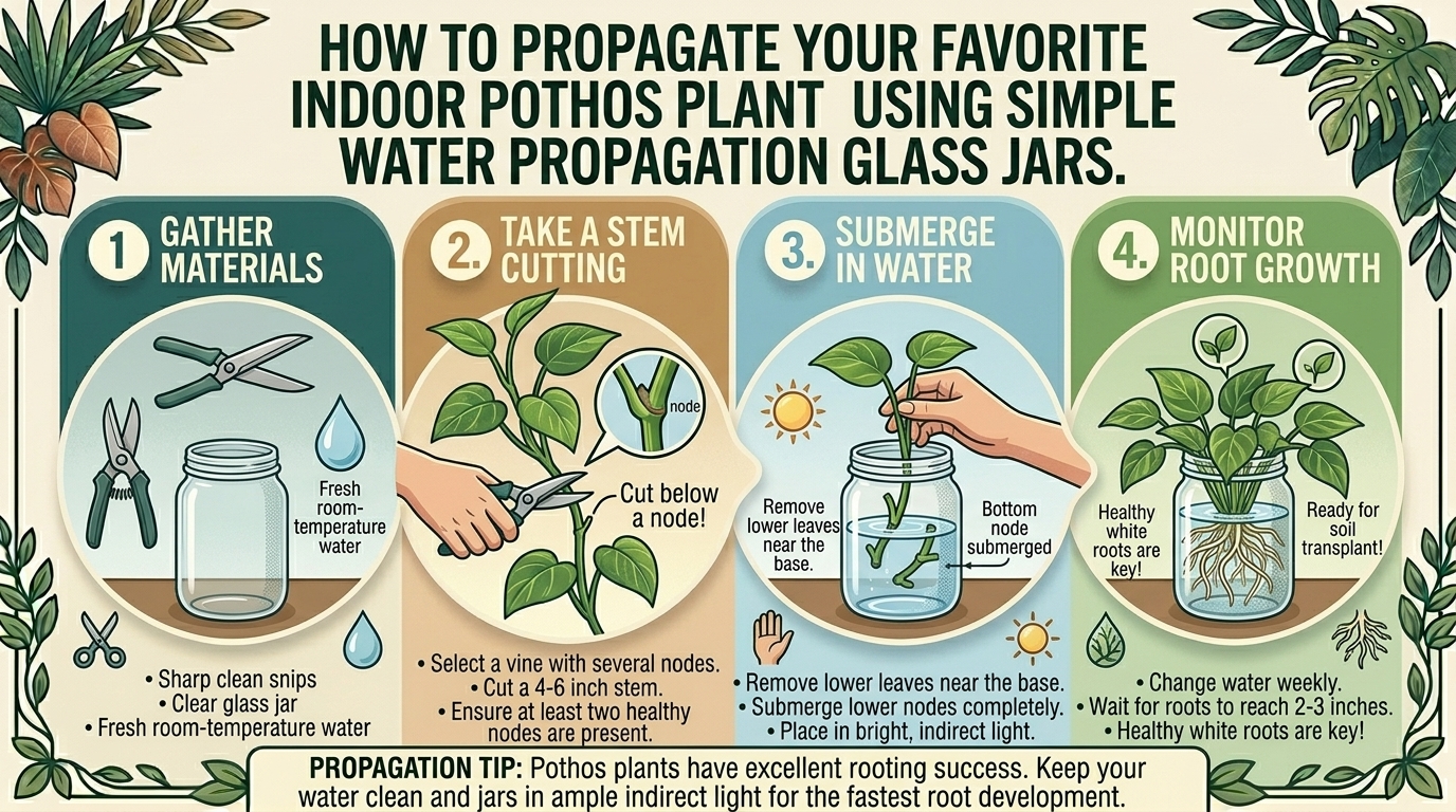 How to propagate your favorite indoor pothos plant using simple water propagation glass jars.