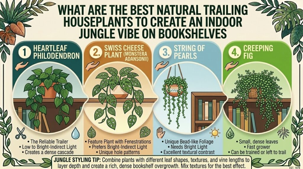 What are the best natural trailing houseplants to create an indoor jungle vibe on bookshelves.