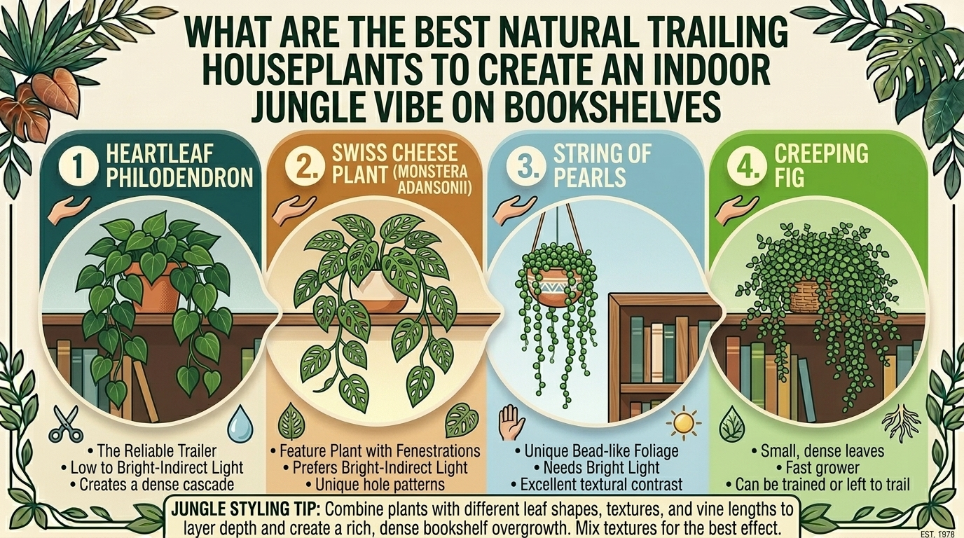 What are the best natural trailing houseplants to create an indoor jungle vibe on bookshelves.