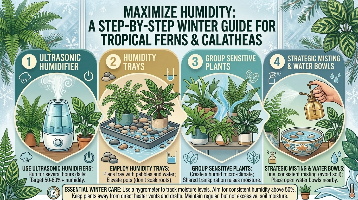 How to increase indoor humidity for tropical ferns and calatheas during dry winter months.